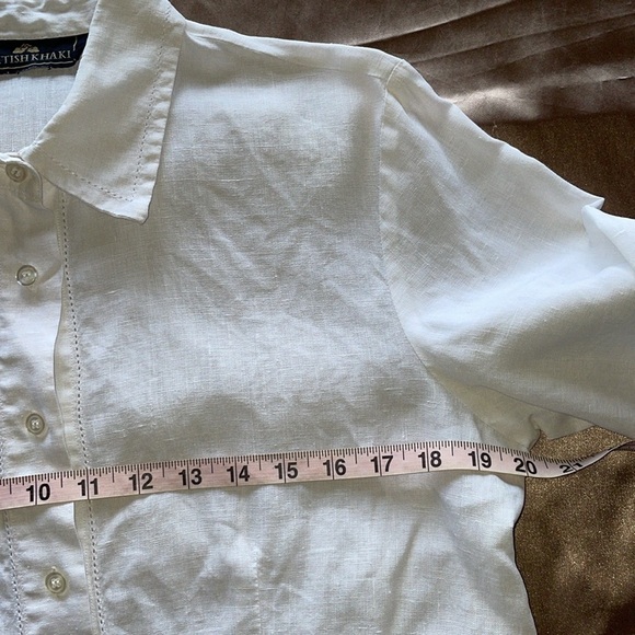 Vintage British Khaki White Linen Button Up Top Simple Classic 3/4 Sleeve Sz M - Picture 4 of 9